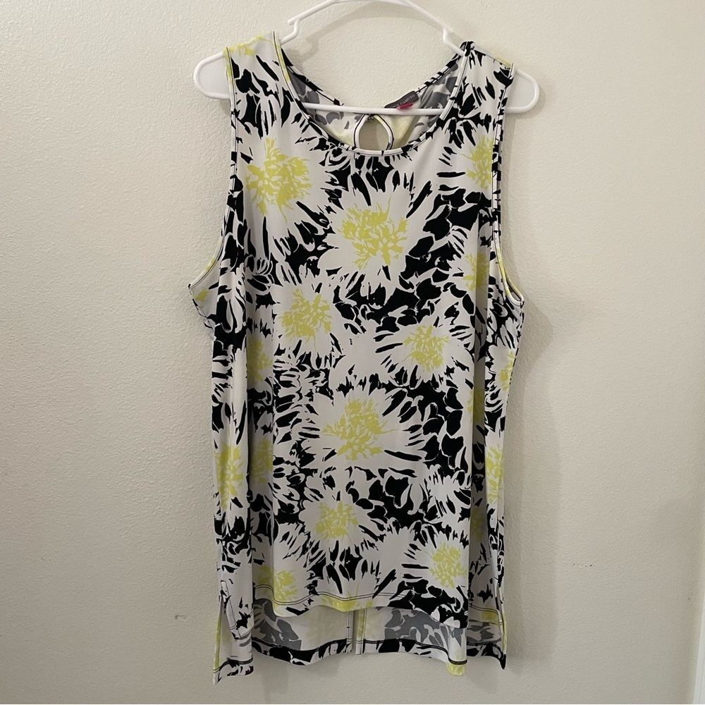 Vince Camuto Floral Black/White/Yellow Sleeveless Blouse Size XL High Low Pullon